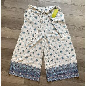 Yado‎ Rayon Boho Geometric Crop Pants Lightweight Size Large White Stretch